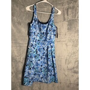 Luxe by‎ Carmen Marc Valvo Blue Floral Rose Fit Flare Dress Pockets Size 10